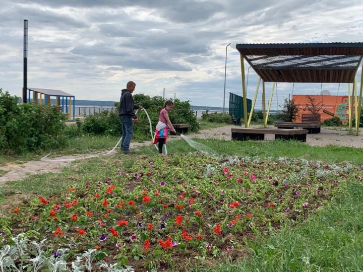 Прохожие с удовольствием принимают участие в поливке цветов на Набережной